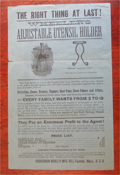 Dickerman Novelty MFG. Utensil Holder c. 1890's Bluing ink advertising pamphlet