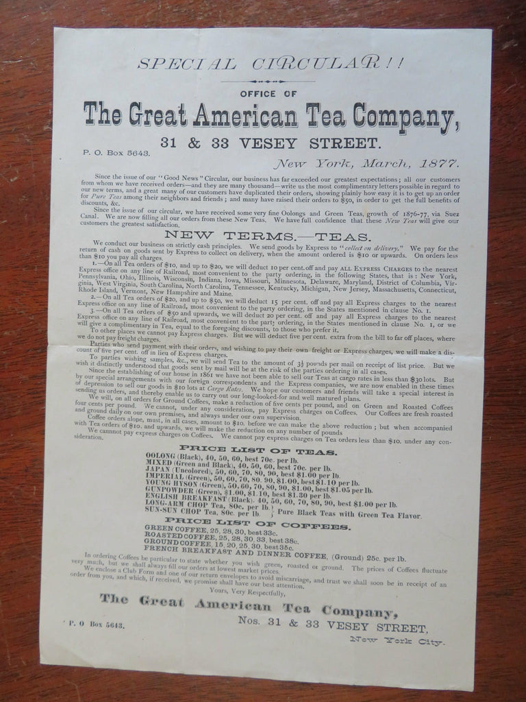 Great American Tea Company 1877 advertising circular A&P company news price list