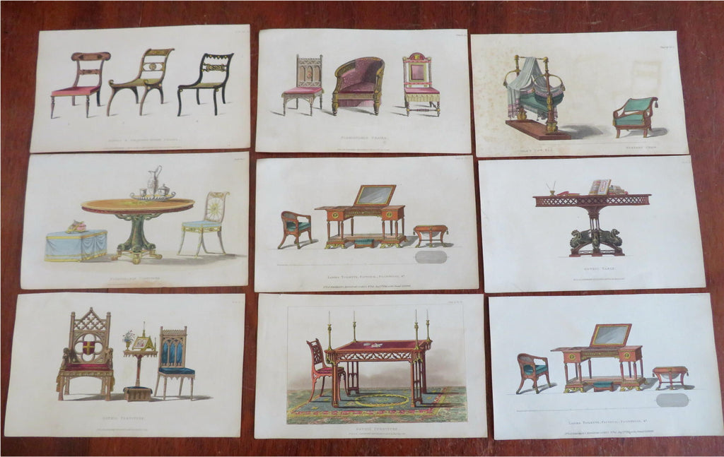 table chairs Fashionable Furniture 1809-27 Ackerman lot x 9 hand colored prints