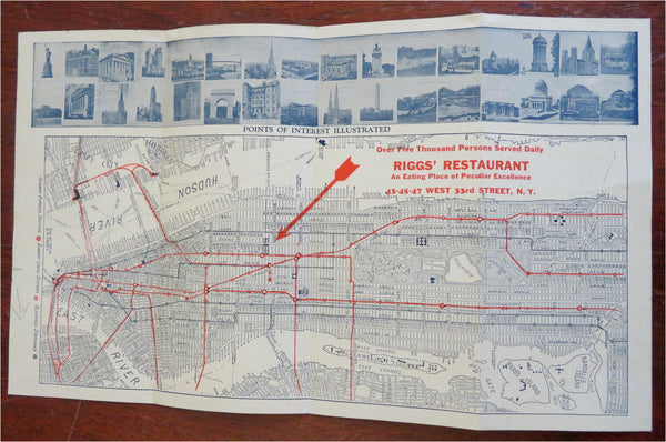 Riggs' Restaurant New York City Promotional Folding Map c. 1925 vintage advert