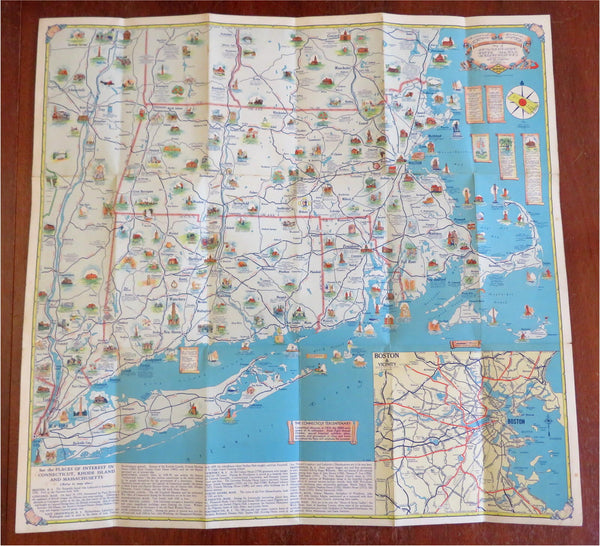 New England Cartoon Pictorial Road Map c.1930's Sun Oil tourist brochure