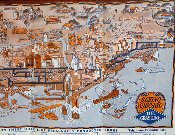 Chicago cartoon map c.1940's Marshall Field Bus Gray Line tourist promo brochure