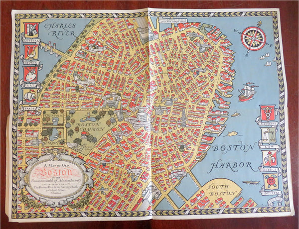 Old Boston Mass cartoon Map c. 1940's bank pictorial souvenir advertisement