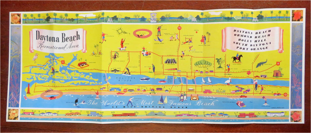 Daytona Beach Florida cartoon pictorial map c.1960's illustrated promo brochure