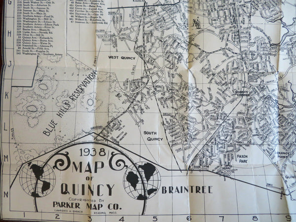 Quincy Massachusetts pictorial city plan 1938 Parker scarce pocket folding map