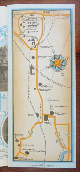 Charlottesville Virginia 1940's map brochure Monticello Lewis & Clark Monument