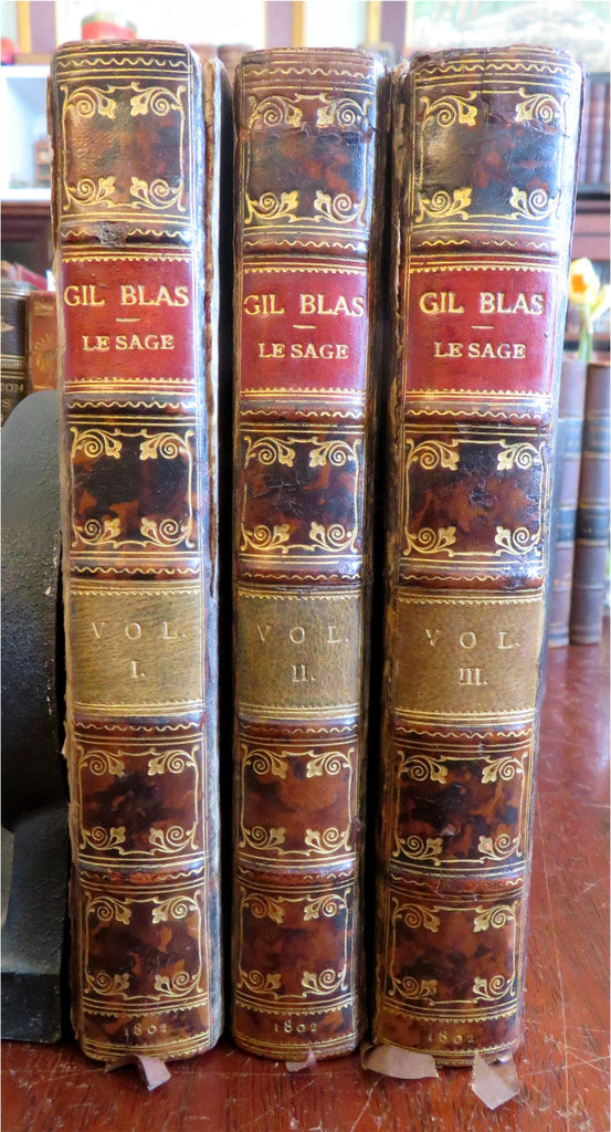 Adventures of Gil Blas 1802 w/ 11 hand colored plates 3 vol. Baynton leather set