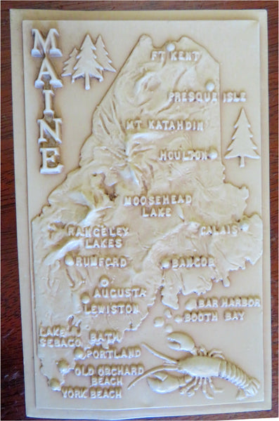 Maine Raised Relief novelty Map postcard 1958 Tourism Souvenir Lobster pine tree