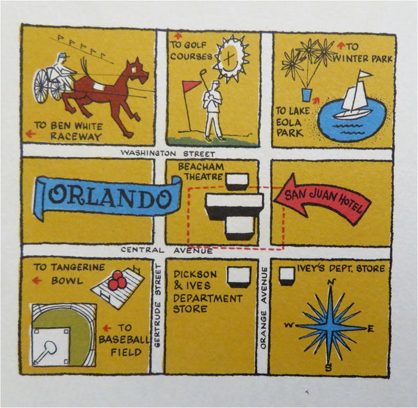 San Juan Hotel Orland Florida Cartoon Illustrated c. 1960 Advertising Brochure