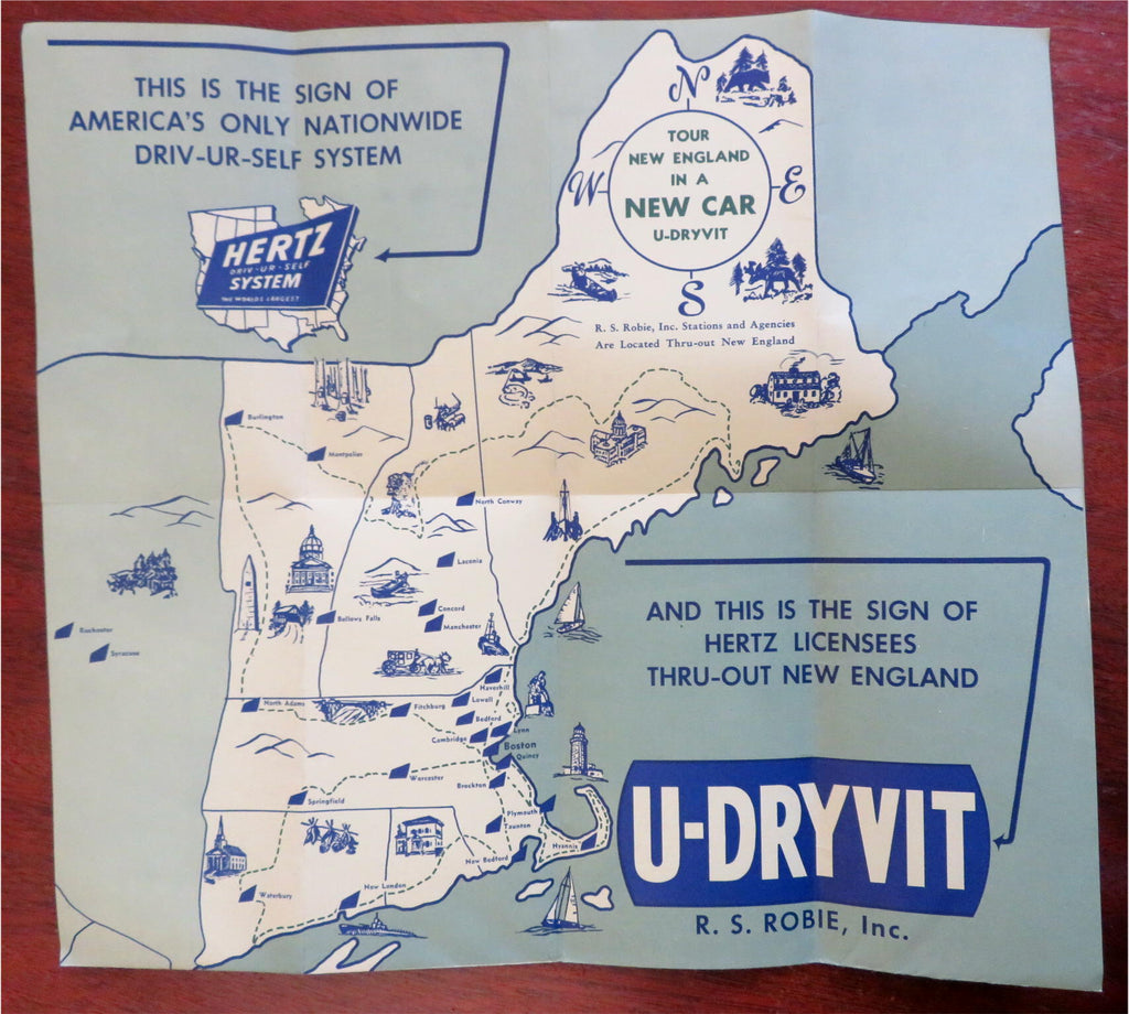Hertz Car Rental New England Auto Tours Travel Brochure c. 1960 cartoon map