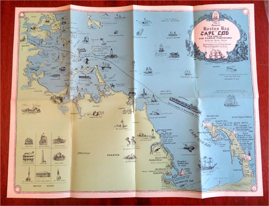 Boston Bay & Cape Cod c. 1940's cartoon pictorial folding map shipwrecks