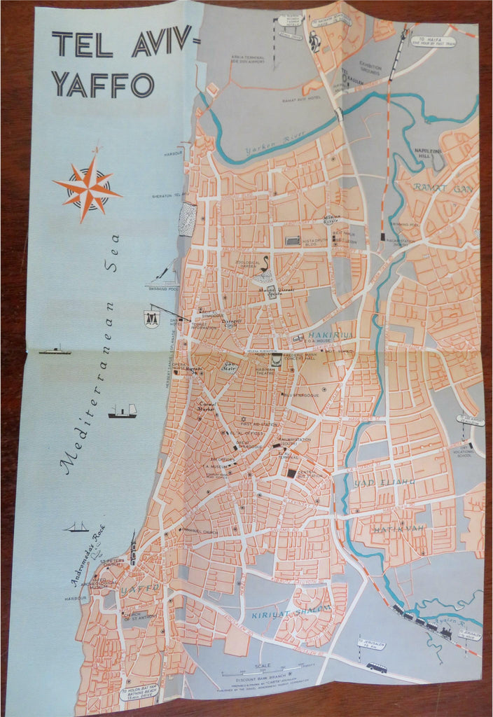 Tel Aviv city plan Israel c. 1960 illustrated travel pamphlet w/ detailed map