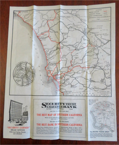 Southern California 1924 Highway Map San Diego Los Angeles Security Bank promo