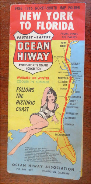 Ocean Highway New York to Florida 1956 automobile travel map brochure