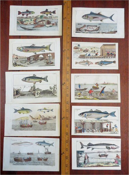 Fishing Prints Lot x 10 Coastal Scenes Fishing Boats c. 1812 hand colored prints