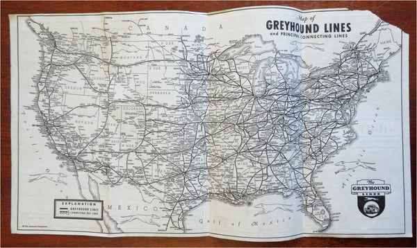 Greyhound Lines United States Transit Map c. 1950's folding travel map