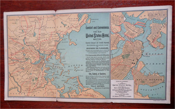 United States Hotel Boston Tourist's Map 1889 vintage advert folding pocket map