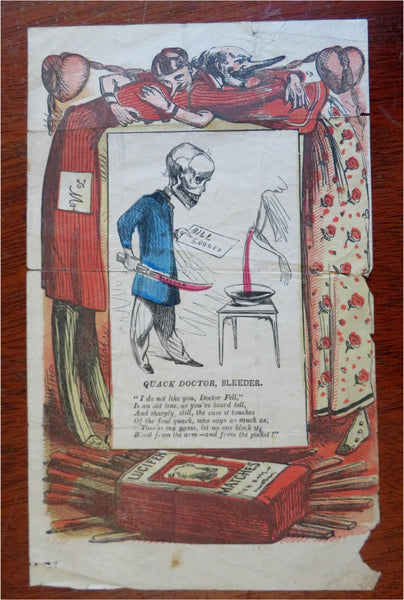 Skeleton Doctor Quackery Bleeding c. 1870's humorous curious print hand color