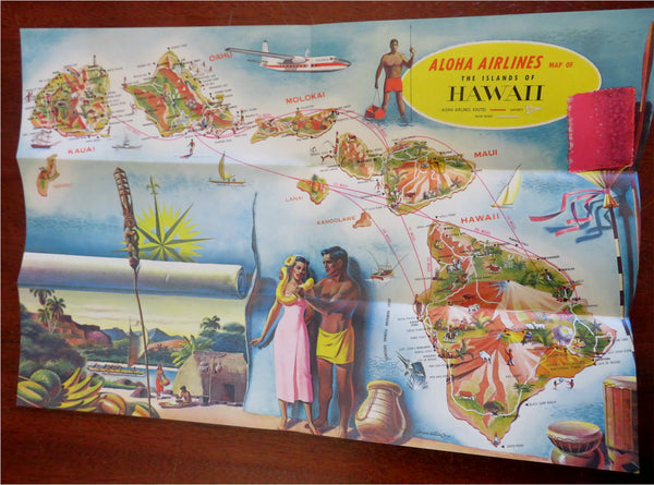 Hawaii cartoon pictorial map 1950's Aloha Airlines aviation Flightseeing scarce