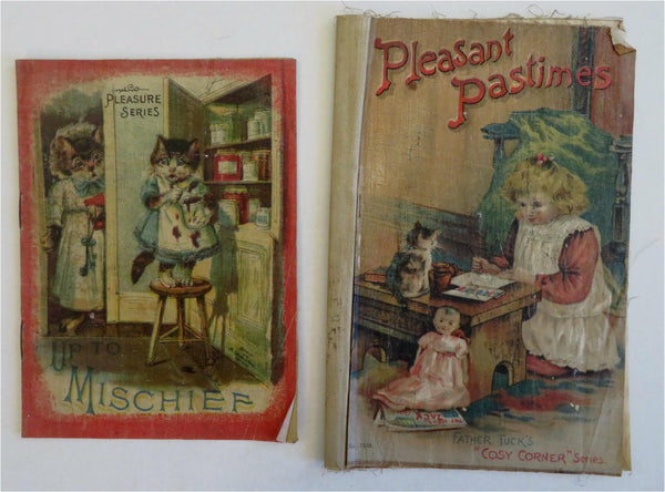 Juvenile Linen Books c. 1890's Lot x 2 Children's Stories Kittens Christmas