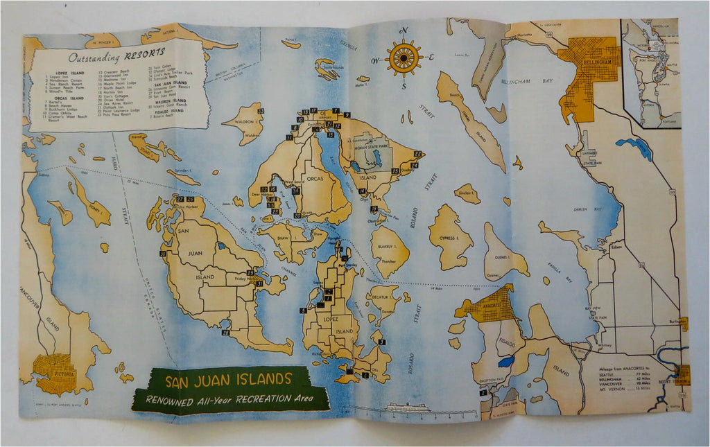 San Juan Islands Washington Resort Guide c. 1940's travel brochure w/ nice map