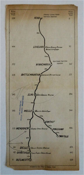 Nevada Victory Highway Route 40 Salt Lake City to Reno c. 1930 road strip map