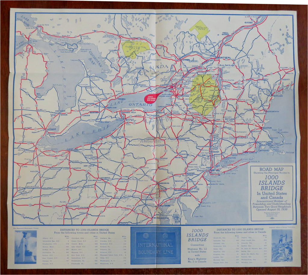 1,000 Island Bridge New York to Canada c.1939 travel brochure w/ large map