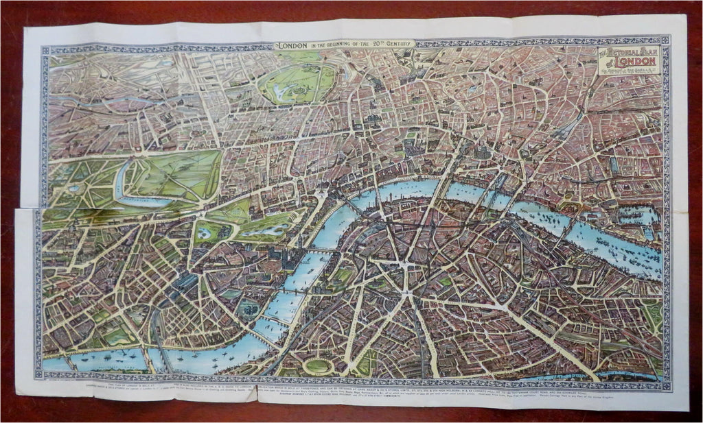 London UK Pictorial City Plan birds-eye view 1900 scarce color 3-D prospect map