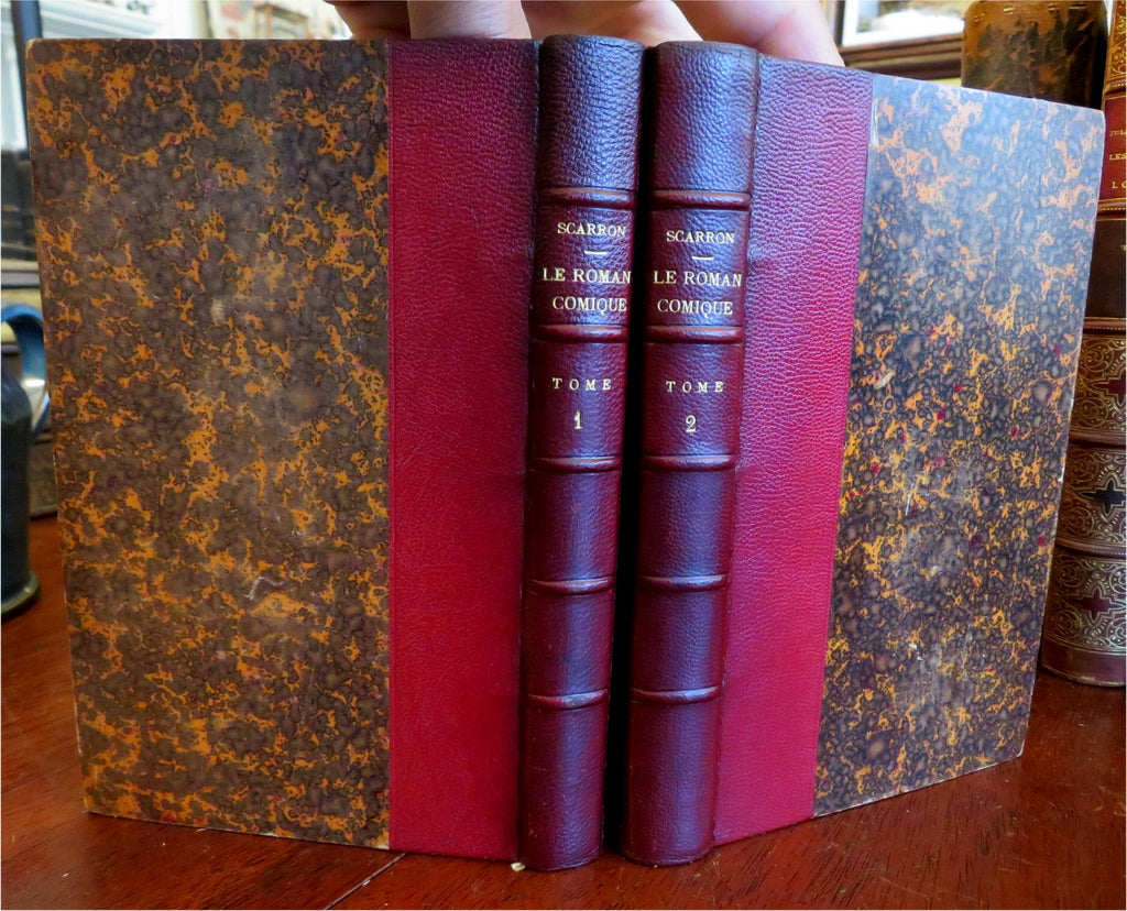 La Roman Comique Classic French Lit c. 1900 Paul Scarron leather 2 vol. set