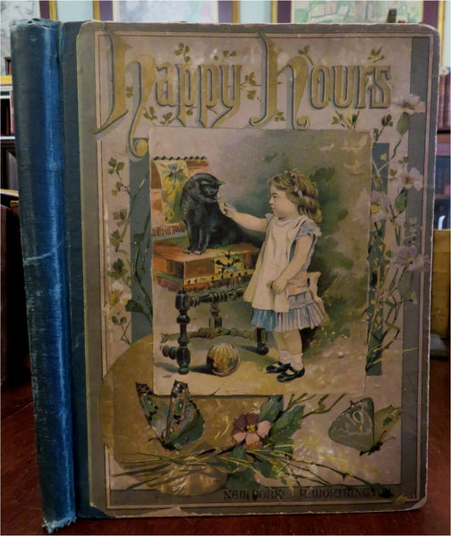 Happy Hours Children's Stories 1883 illustrated juvenile book cat & girl cover