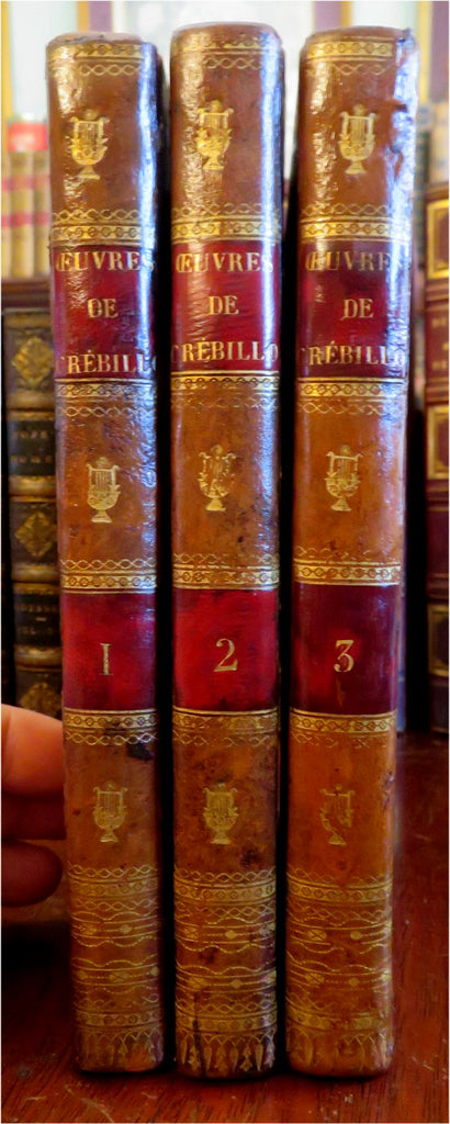 Claude de Crebillon Collected Works 1812 leather French 3 v. set Chippendale