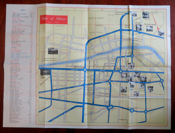 Shiraz Iran c. 1950's Tourist City Guide Sightseeing Info Pictorial Map