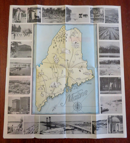 Maine 1928 rare pictorial tourist map vignettes Travel Hunting Fishing Skiing
