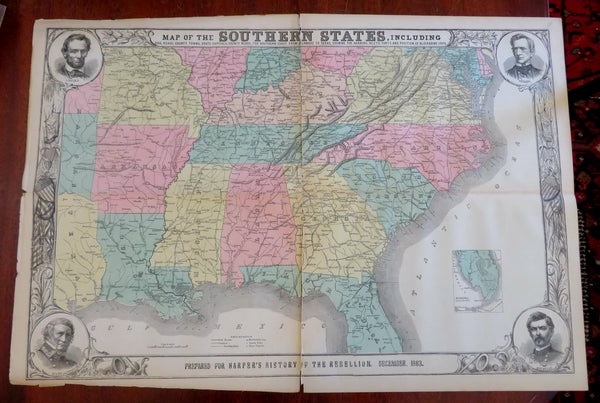 Southern Confederacy Civil War Map 1863 large decorative w/ portraits Lincoln