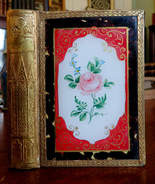 Rare hand painted glass Secret Book box c.1850's Cathedral spine splendid object