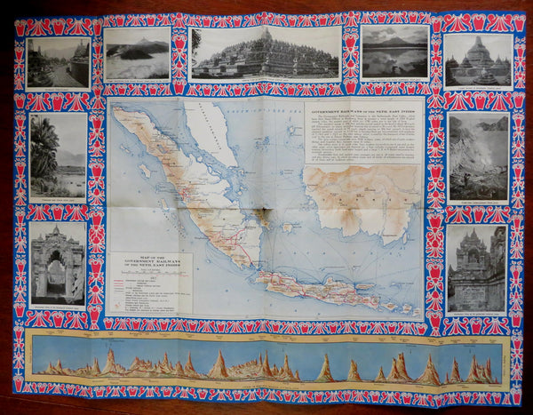 Java & Sumatra Dutch Indonesia pictorial Map c. 1930's Travel promo brochure