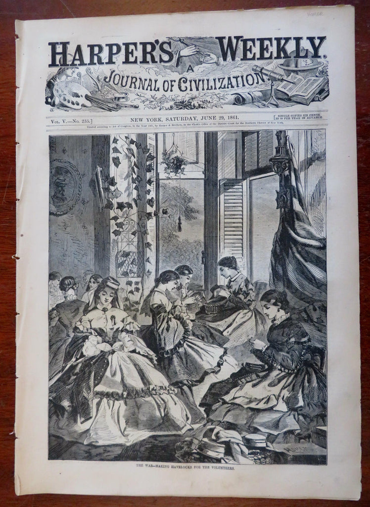 Women Sewing Homer Harper's Civil War newspaper June 29th 1861 complete issue