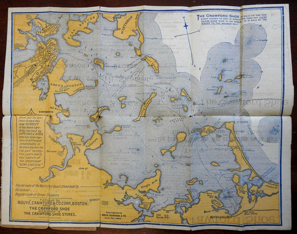 Boston Harbor rare folding pocket map 1890 Bouve Crawford Shoes advertising