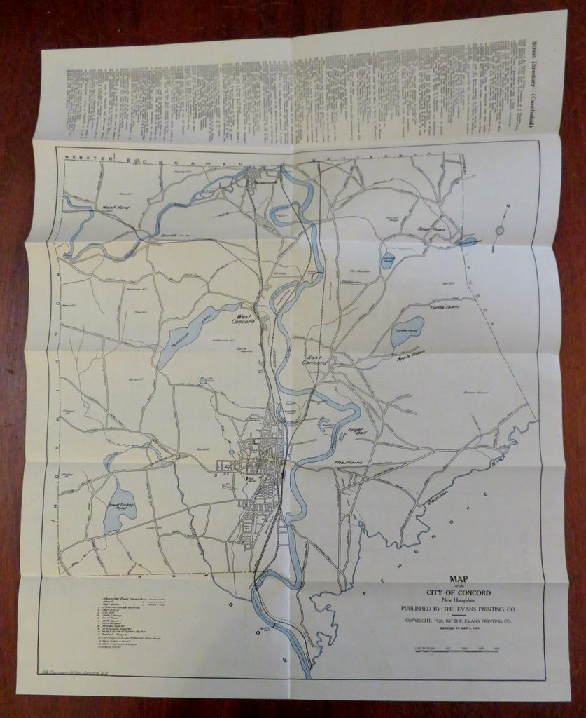 Concord New Hampshire City Plan 1929 Evans large folding tourist map