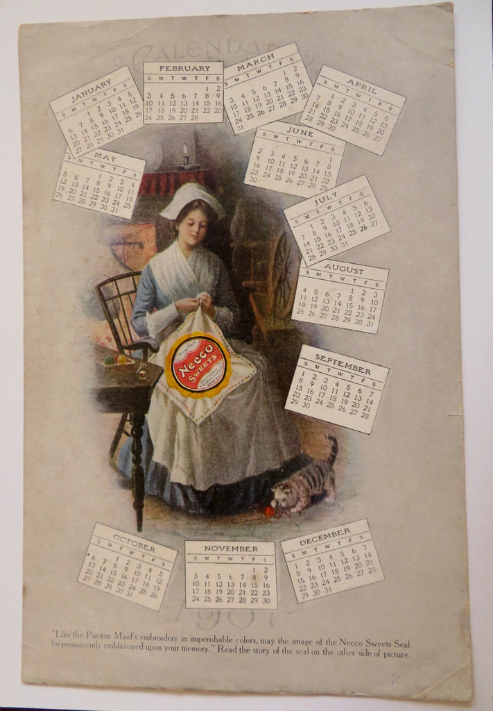 Necco Sweets Candy Advertising Calendar 1907 sewing woman cat & yarn promo
