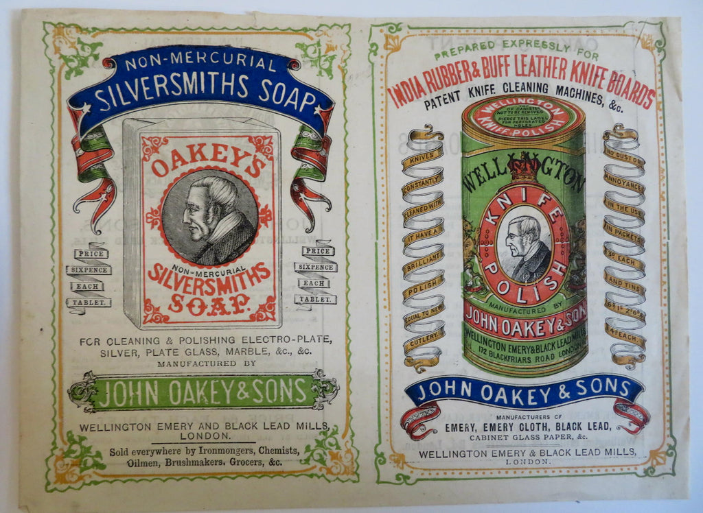 John Oakey & Son Advertising Print Silversmith Soap c. 1870 rare color litho ad