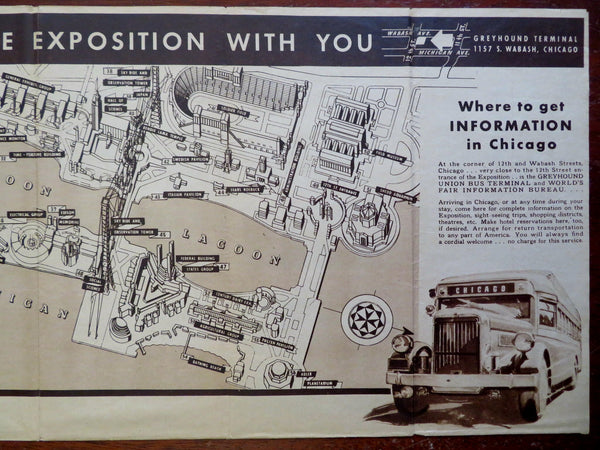 Chicago World Fair 1933 Tourist Pictorial Exhibition Map Greyhound Bus Souvenir
