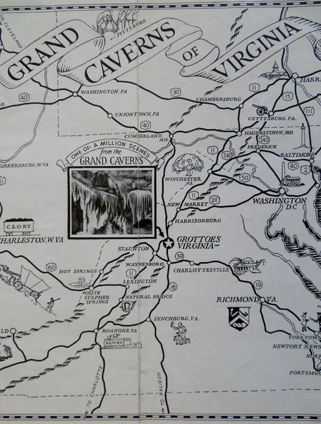 Grottoes Virginia Grand Caverns c. 1920's tourist cartoon pictorial souvenir map