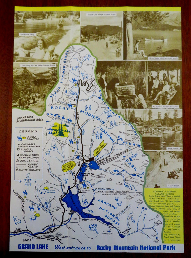 Rocky Mountain National Park Granby West Entrance c. 1940's tourist cartoon map