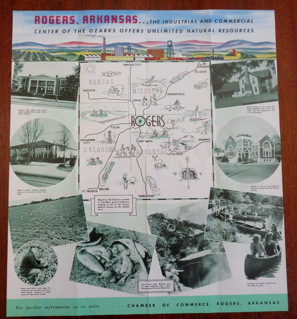 Rogers Arkansas Ozarks Fishing Farming 1947 cartoon pictorial map & brochure