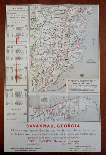 Savannah Georgia Hotel DeSoto Florida 1950's Auto Travel Routes tourist map