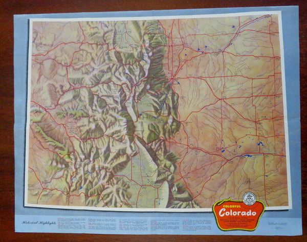 Colorful Colorado Tourist topographical Road Map 1952 large folding map brochure