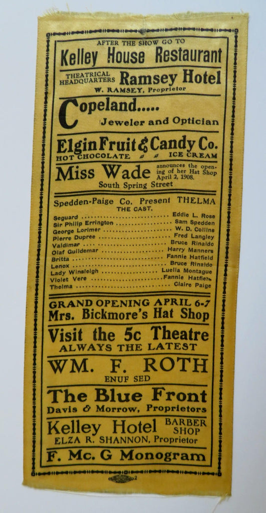 Spedden-Paige Theater Co. Souvenir Ribbon Program 1908 Cast List period ads