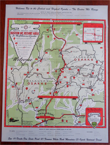 Arkansas Ozarks Boston Mountain Range 1950 cartoon pictorial map tourist info