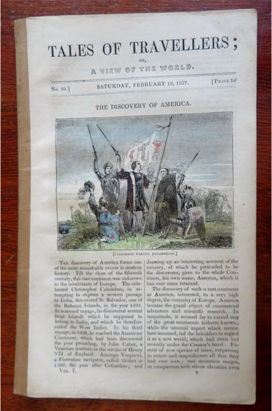 Exploration Columbus Discovery of America 1837 hand color woodcut rare pamphlet